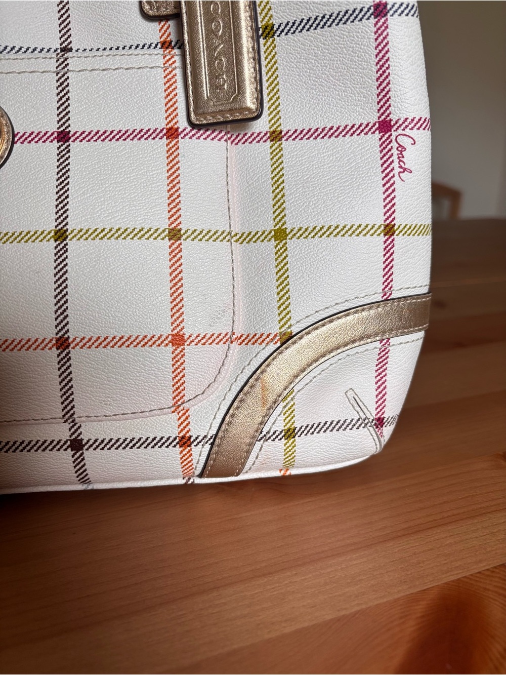 Coach White Plaid Tote with Gold Accents - Picture 3 of 15